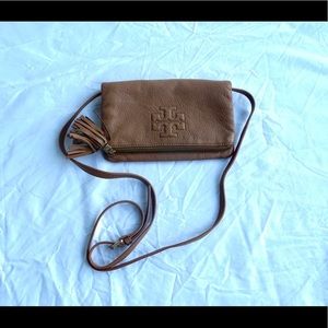 Tory Burch camel pebbled leather foldover bag